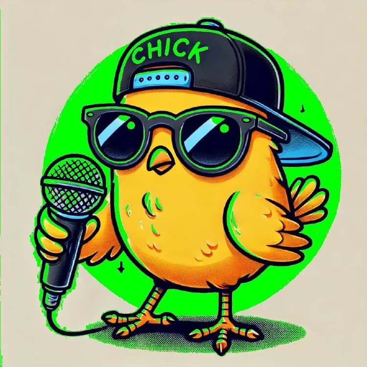 Chick, the rapping baby chicken, holding a mic